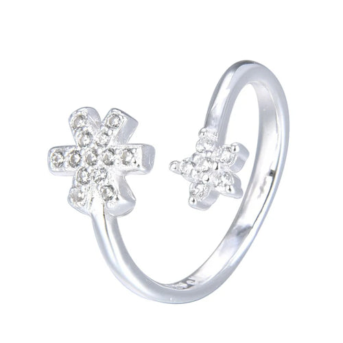 Anillo Ajustable de Copo de Nieve y Flor en Plata 925